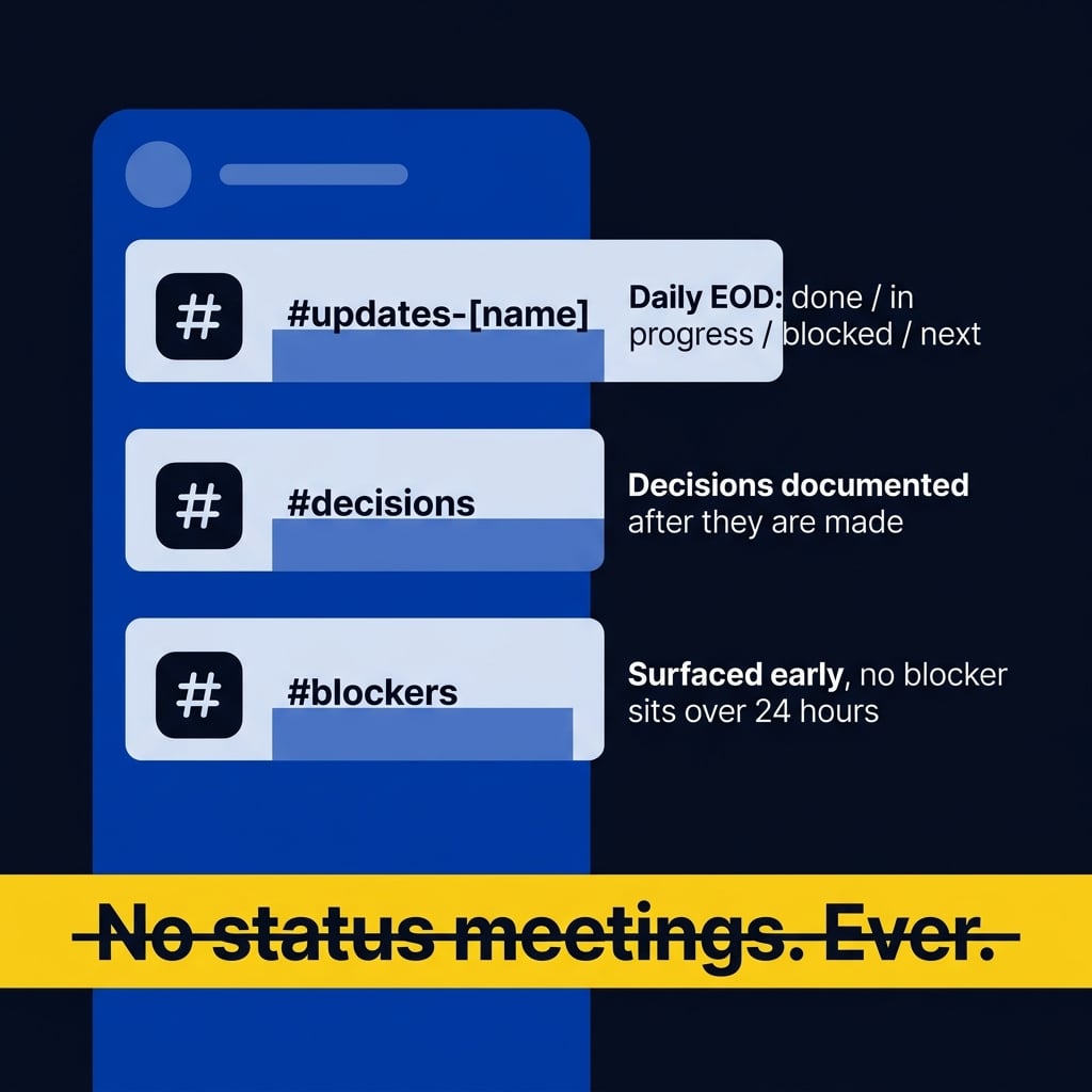 Infographic showing a structured Slack channel setup with updates decisions and blockers channels