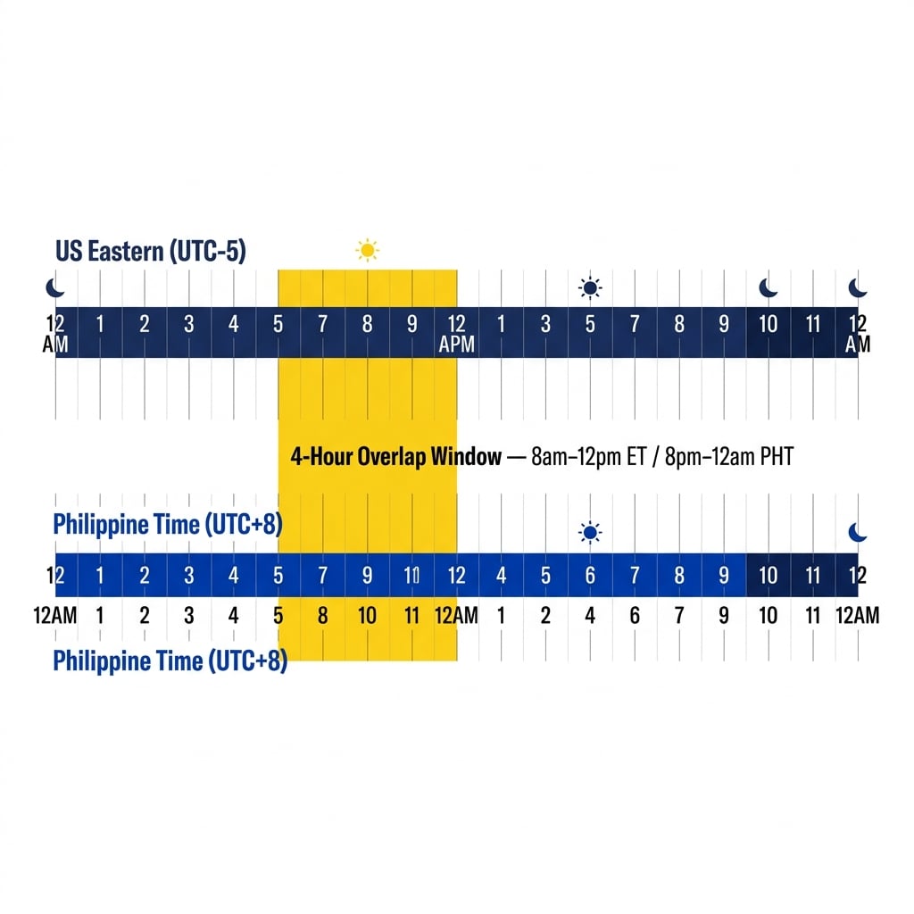 Timeline infographic showing the 4-hour overlap window between US Eastern and Philippine time