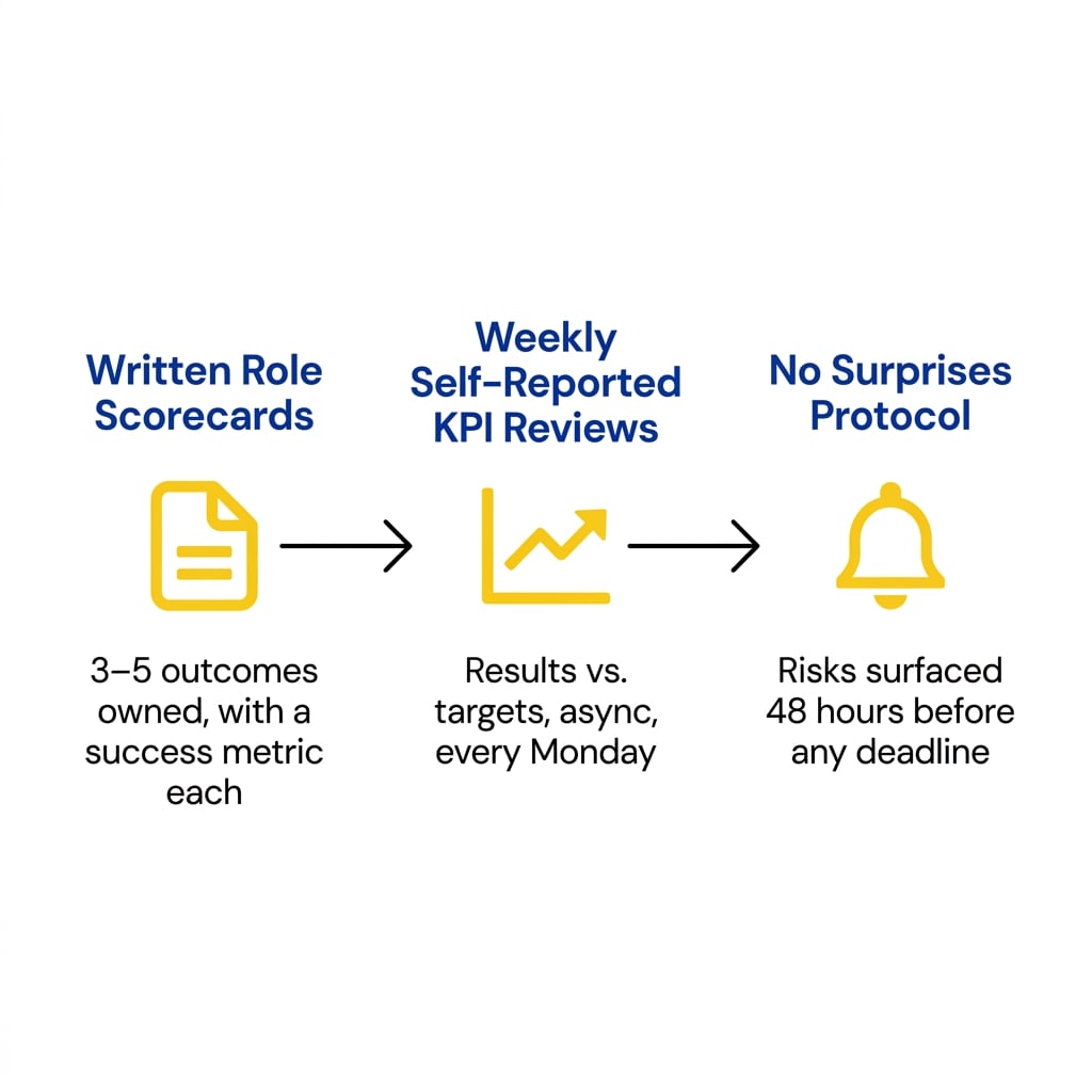 Infographic showing the three-part remote accountability system of scorecards KPIs and no surprises