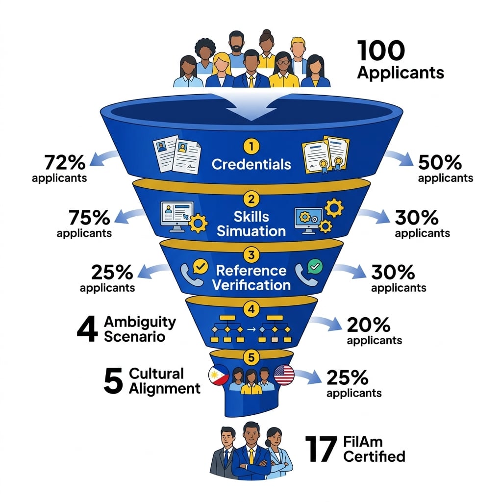 Vetting funnel infographic narrowing 100 percent of applicants down to the FilAm top 17 percent