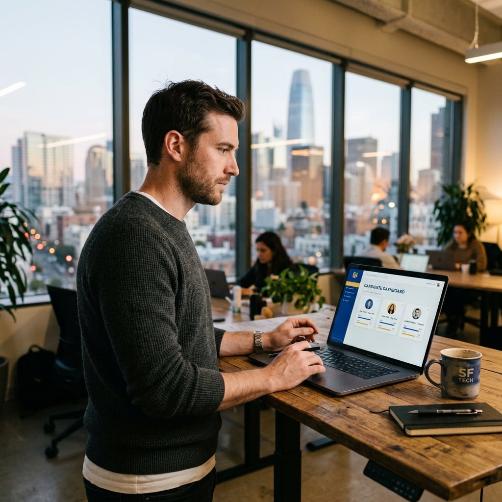US startup founder reviewing a vetted Filipino candidate shortlist on a laptop before hiring