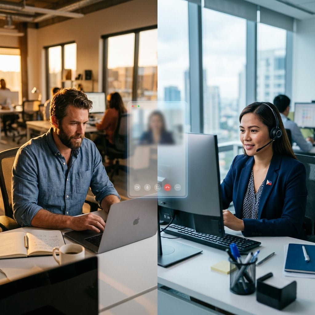 US business owner and Filipino remote professional collaborating via laptop screen across time zones