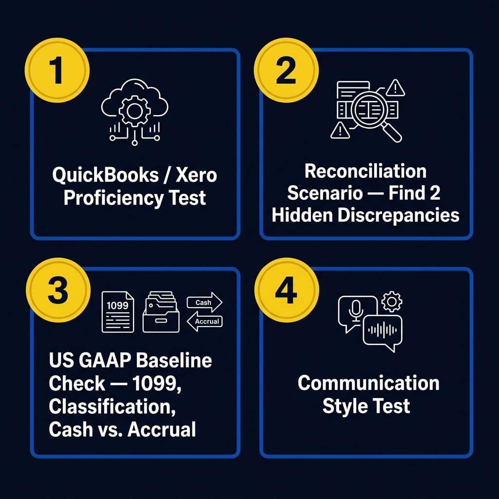 Infographic showing the four vetting tests for a remote bookkeeper before hiring through FilAm