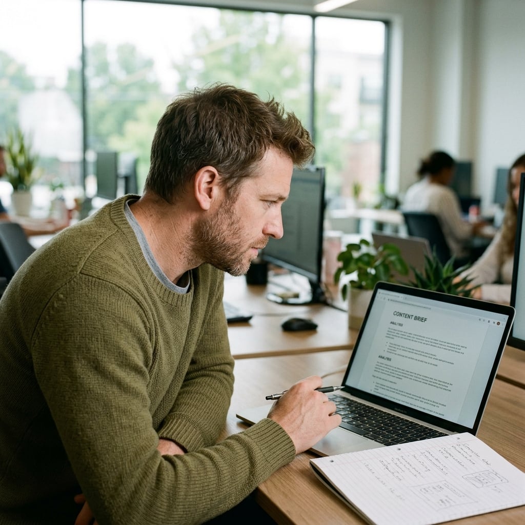 US founder reviewing a Filipino candidate async work sample on a laptop during hiring