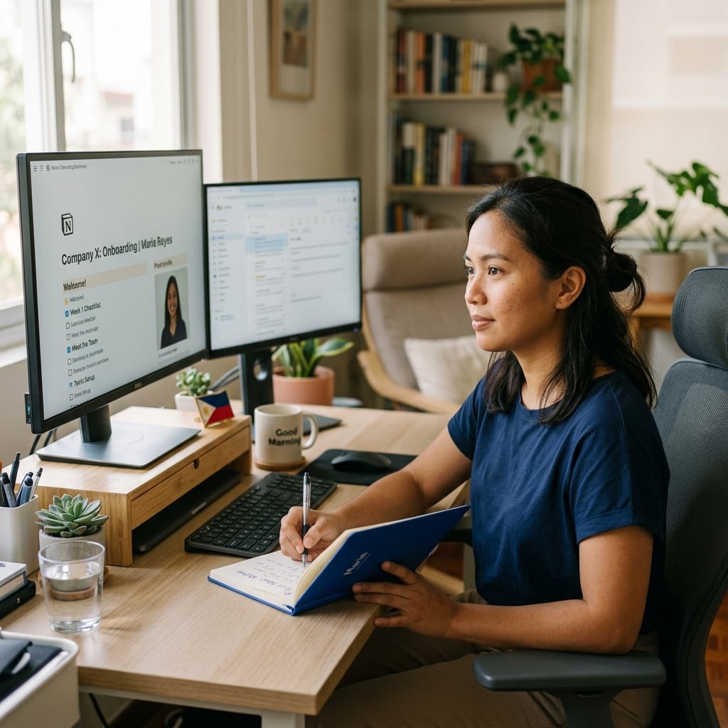 Filipino remote professional onboarding smoothly using a prepared Notion documentation guide