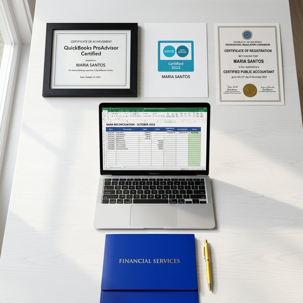 QuickBooks ProAdvisor and Xero Advisor certification documents alongside a Philippine CPA credential