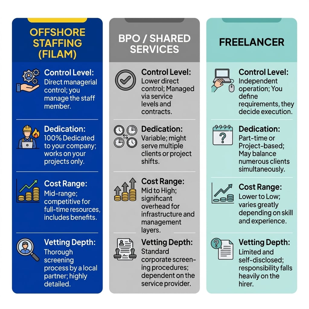 Three-column infographic comparing offshore staffing BPO and freelancing models for US businesses