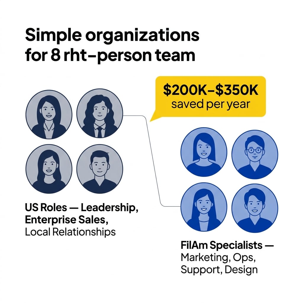 Diagram of a strategic hybrid team keeping US roles and adding Filipino remote specialists