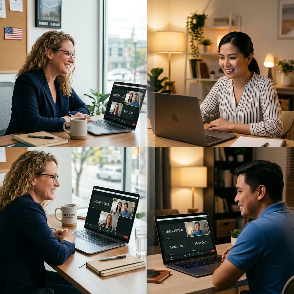 US founder on a video call with a Filipino remote staff team during the timezone overlap window