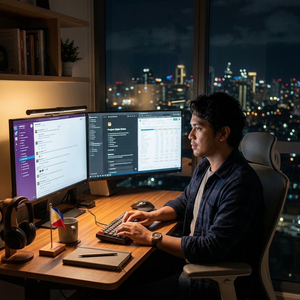 Filipino remote professional working at night in the Philippines during US business hours overlap