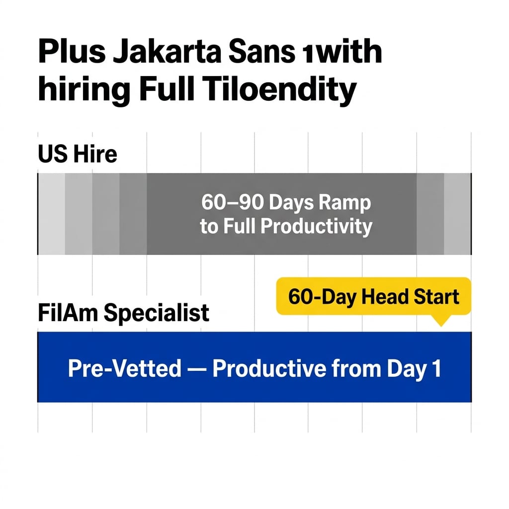 Timeline infographic comparing 60 to 90 day US hire ramp time versus a pre-vetted FilAm specialist