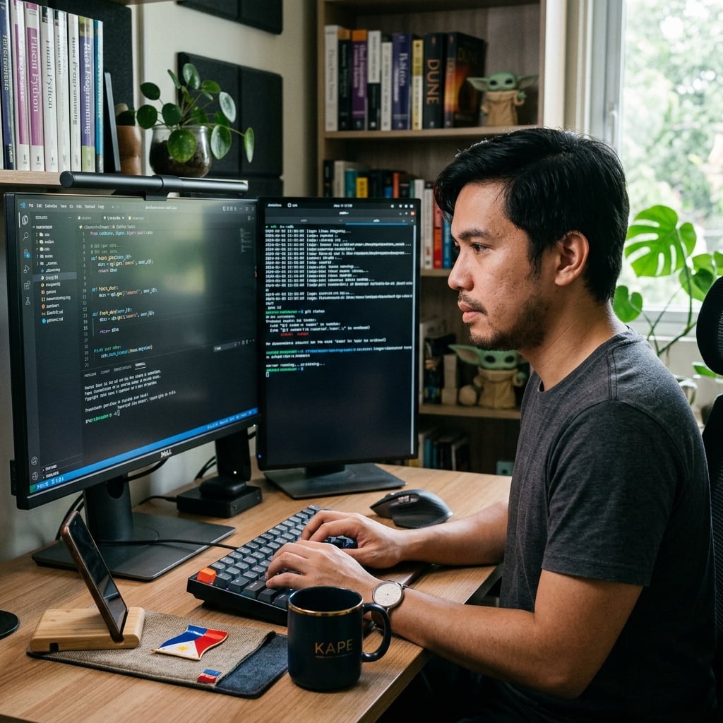 Filipino software developer writing code on a multi-monitor setup for a US technology company